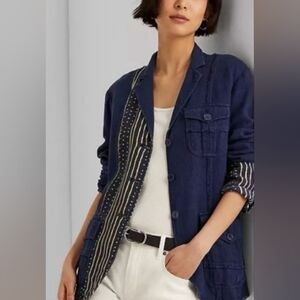 Lauren Ralph Lauren Patchwork Print Notch Lapel Linen Blazer Navy Sz 10, NWOT